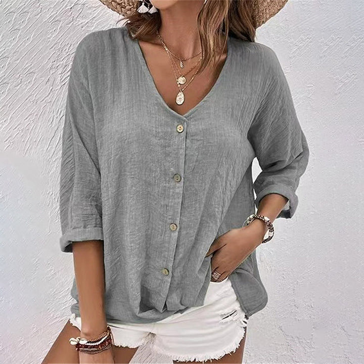 Camicia Donna Casual Scollo a V Manica Lunga con Bottoni