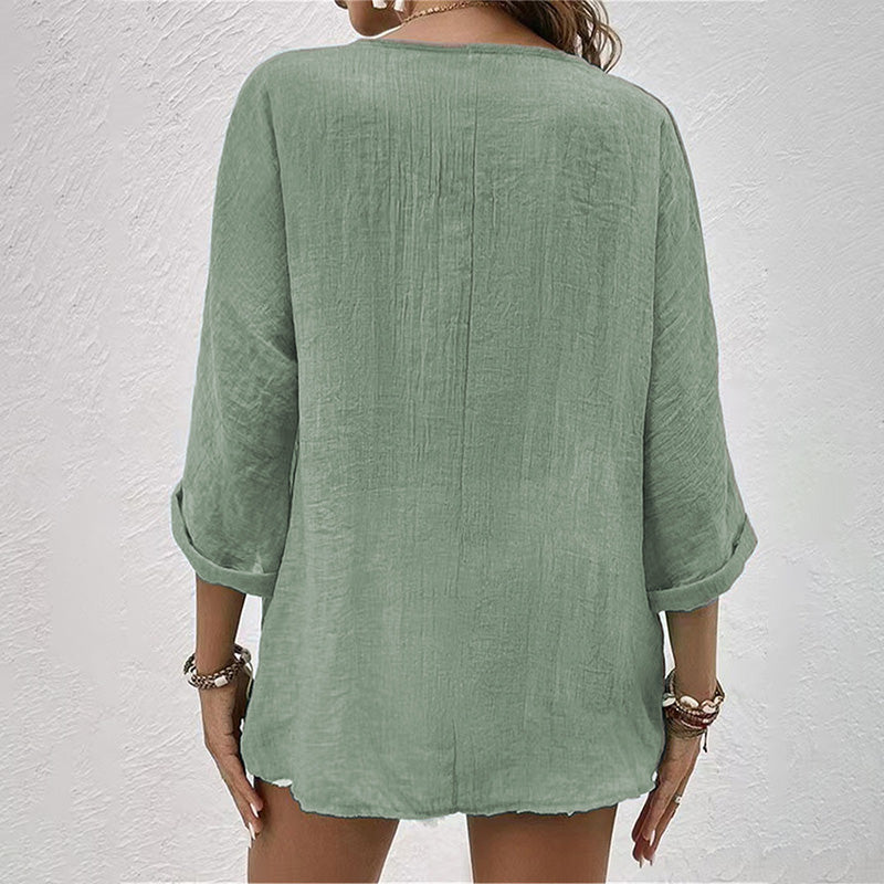 Camicia Donna Casual Scollo a V Manica Lunga con Bottoni