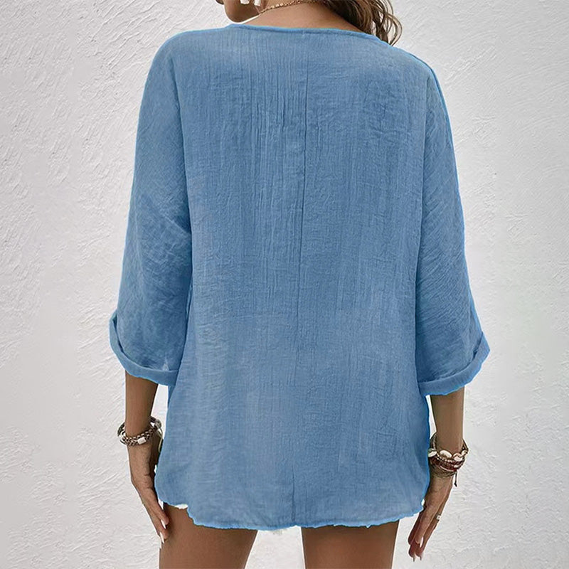 Camicia Donna Casual Scollo a V Manica Lunga con Bottoni