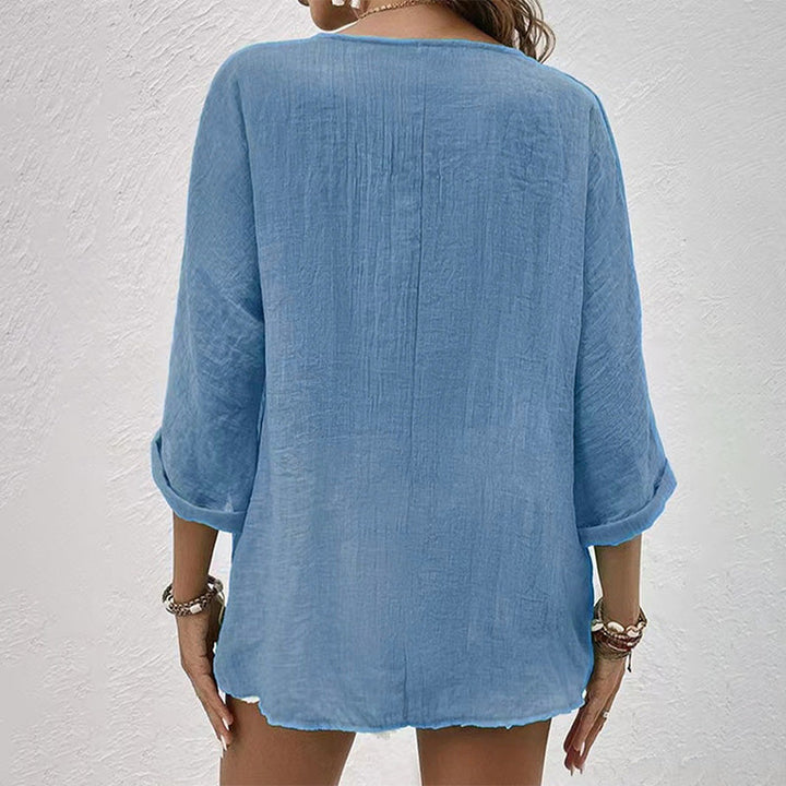 Camicia Donna Casual Scollo a V Manica Lunga con Bottoni