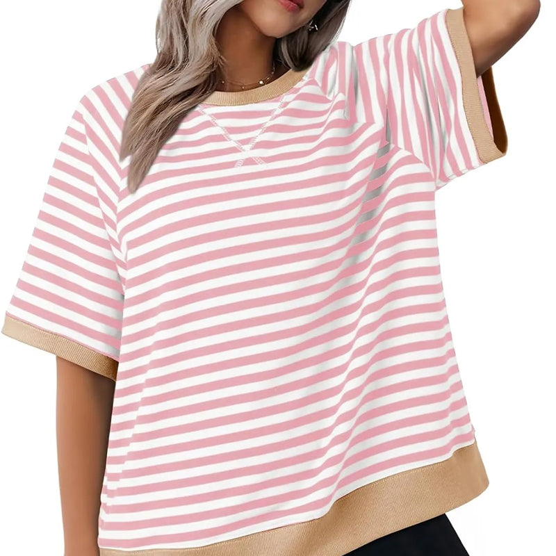 Maglietta Donna Cotone a Righe Stile Casual Manica Corta