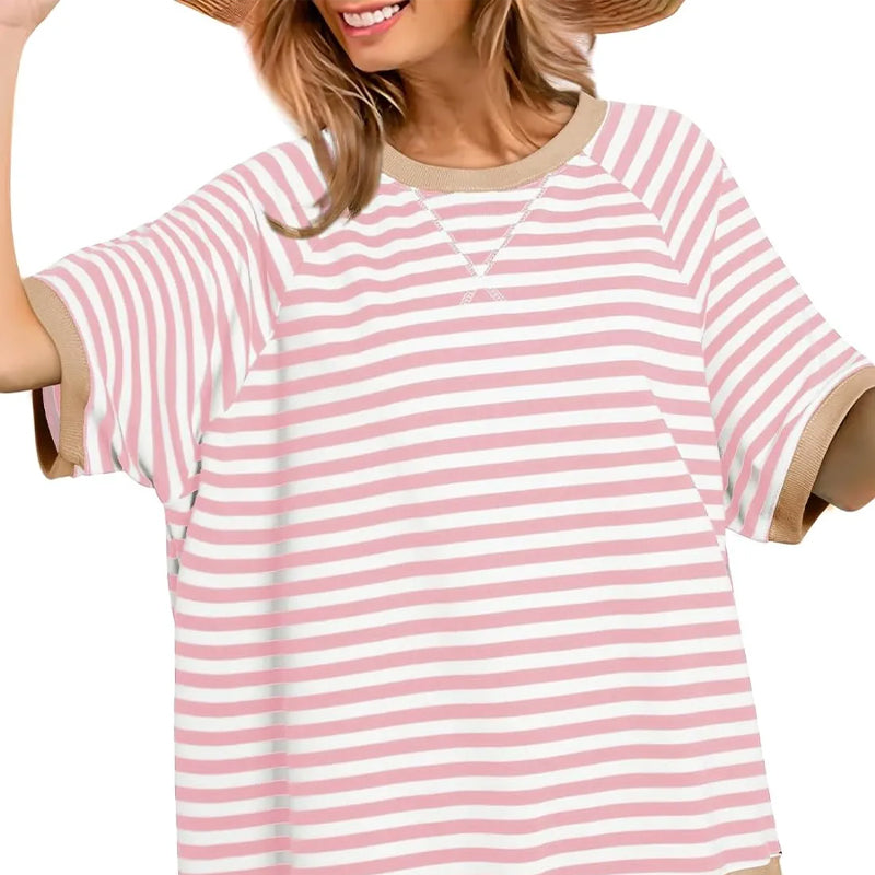 Maglietta Donna Cotone a Righe Stile Casual Manica Corta