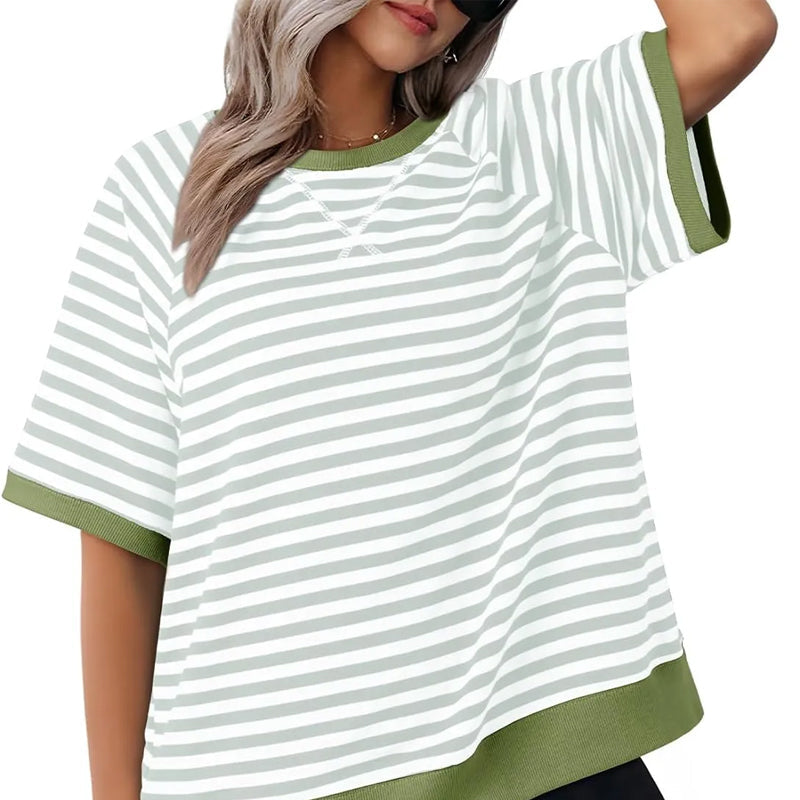Maglietta Donna Cotone a Righe Stile Casual Manica Corta