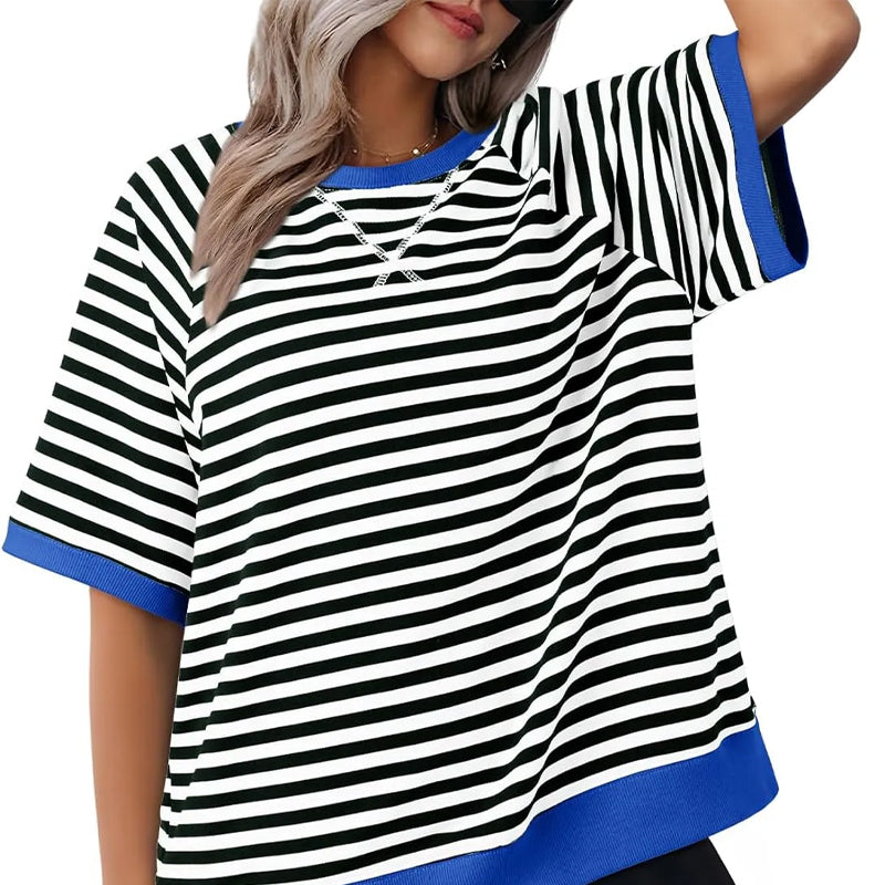 Maglietta Donna Cotone a Righe Stile Casual Manica Corta