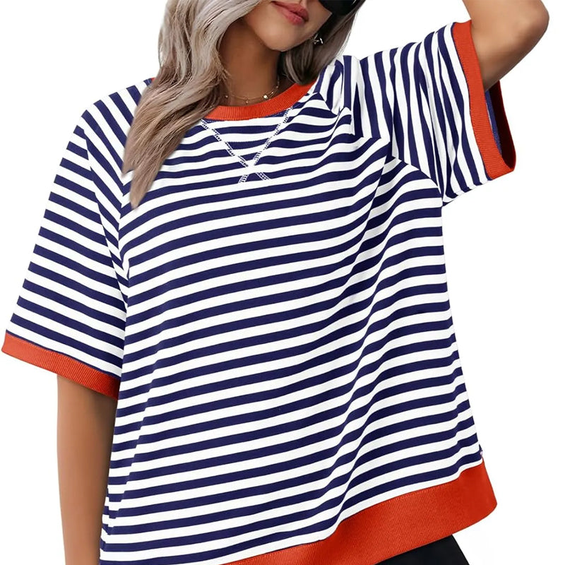 Maglietta Donna Cotone a Righe Stile Casual Manica Corta