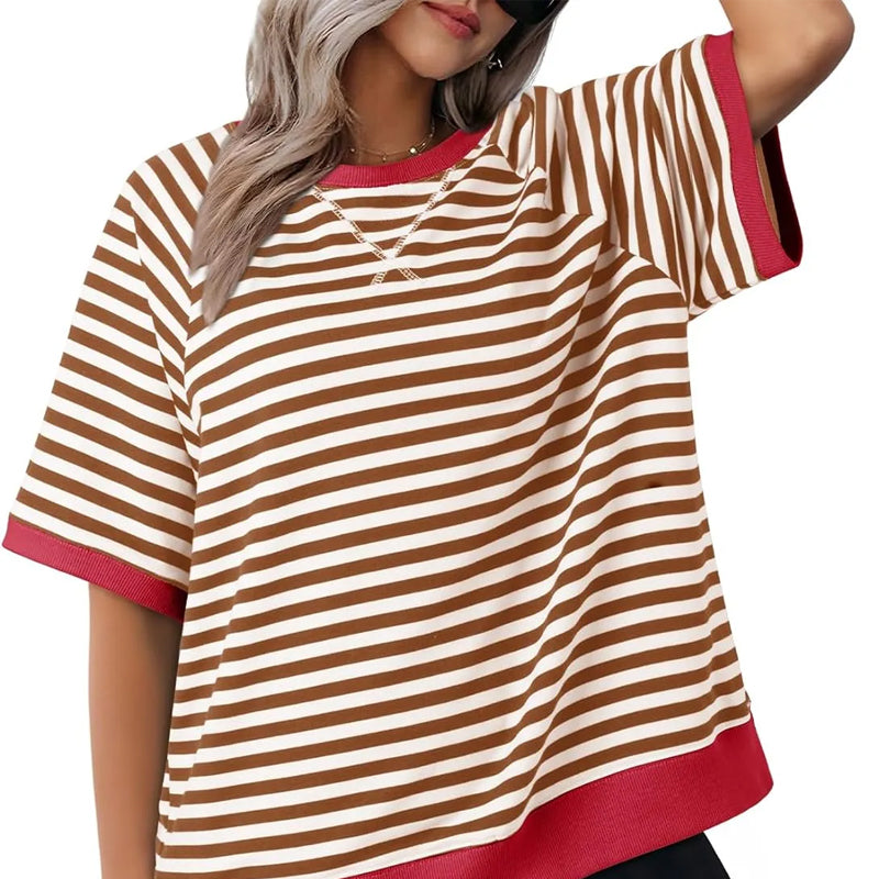 Maglietta Donna Cotone a Righe Stile Casual Manica Corta - Vesarelli