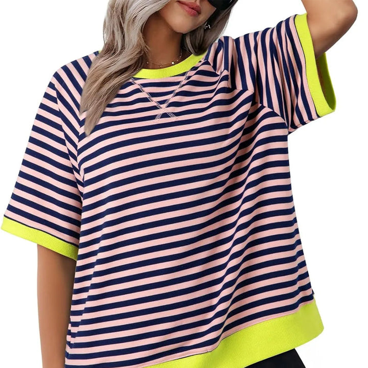 Maglietta Donna Cotone a Righe Stile Casual Manica Corta