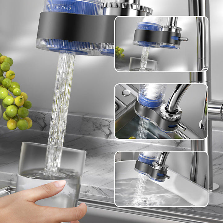 Filtro acqua rubinetto cucina, purificatore con cartuccia blu, flusso d'acqua potabile, installazione su lavello, riempimento bicchiere.