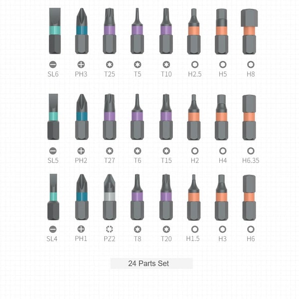 Set di 24 punte per cacciavite, include vari tipi come SL, PH, T, H, con codifica a colori per facile identificazione. Ideale per riparazioni.