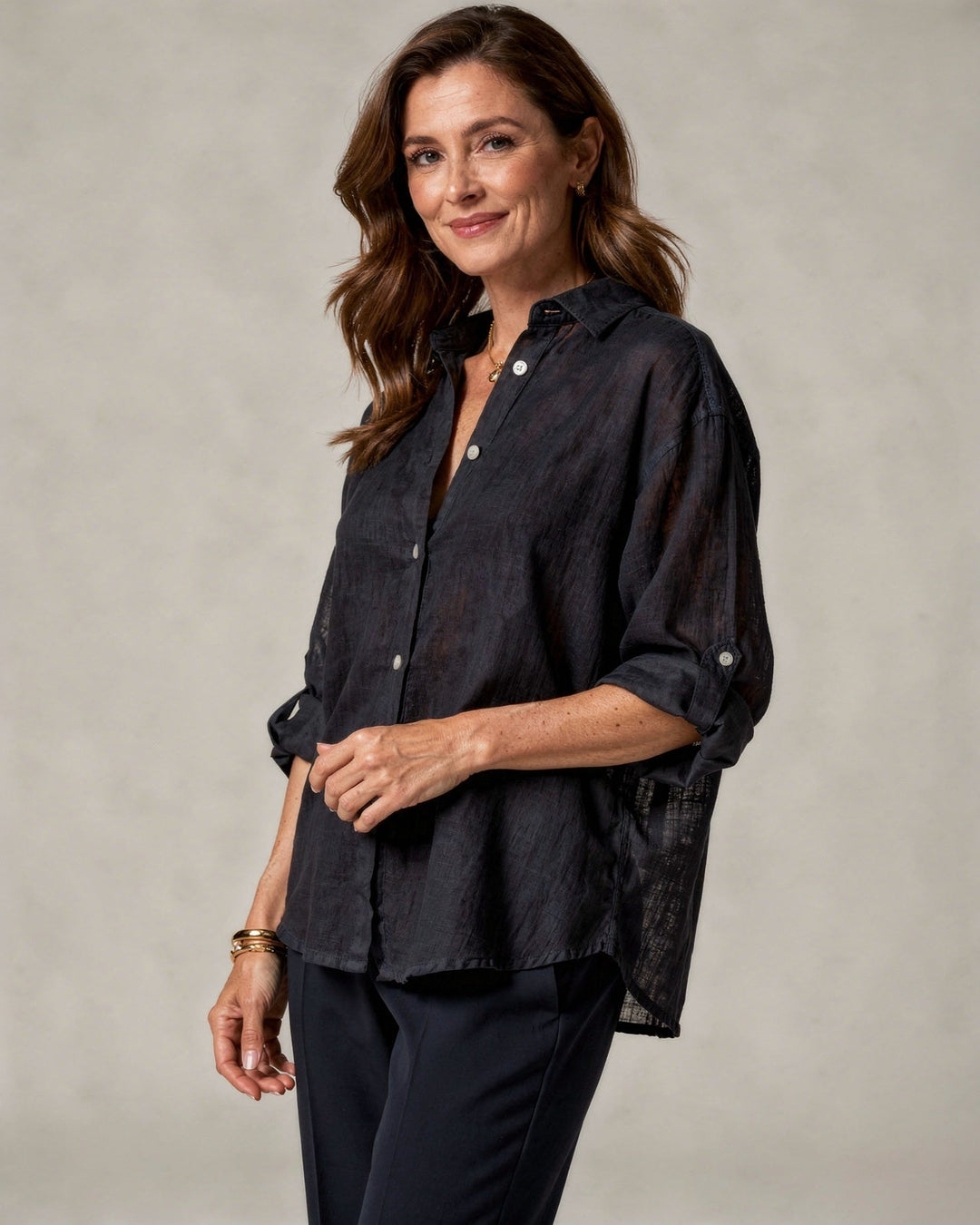 Camicetta Donna Oversize Cotone Lino Manica Lunga Casual