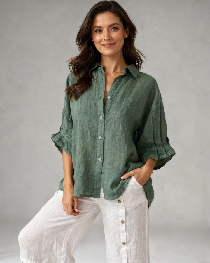 Camicetta Donna Oversize Cotone Lino Manica Lunga Casual - Vesarelli