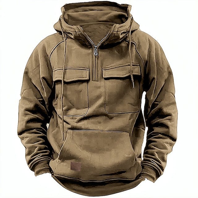 Felpa con cappuccio marrone, tasche frontali, cerniera corta, design casual, ideale per abbigliamento autunnale e invernale, moda uomo.