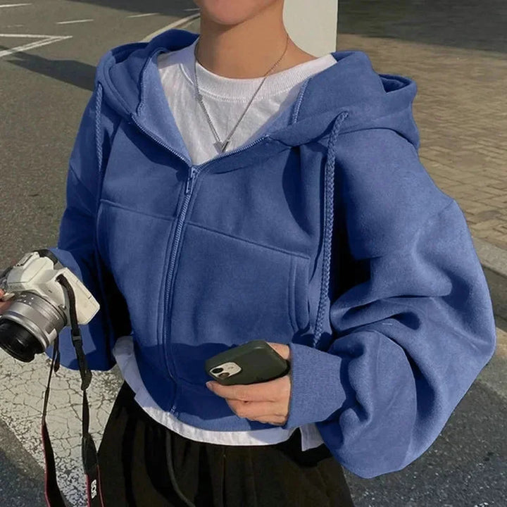 Sweat à capuche court femme oversize gris foncé avec zip, en mélange de coton pour un confort optimal.