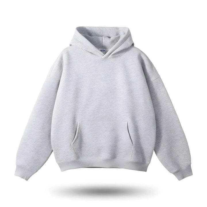 Sweat à capuche femme en coton, coupe décontractée, avec poche avant. Couleur gris.