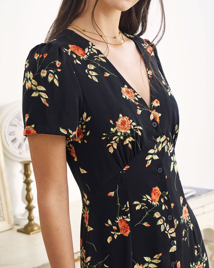 Abito Midi Donna Floreale Scollo a V Manica Corta