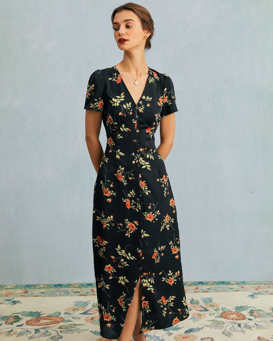 Abito Midi Donna Floreale Scollo a V Manica Corta