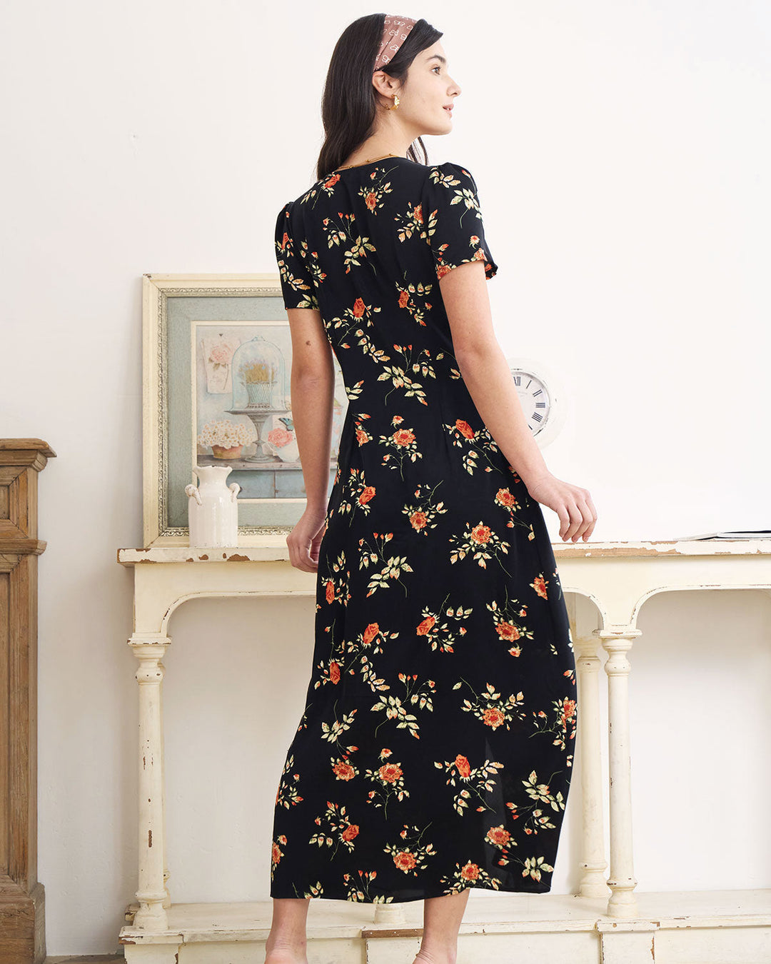 Abito Midi Donna Floreale Scollo a V Manica Corta