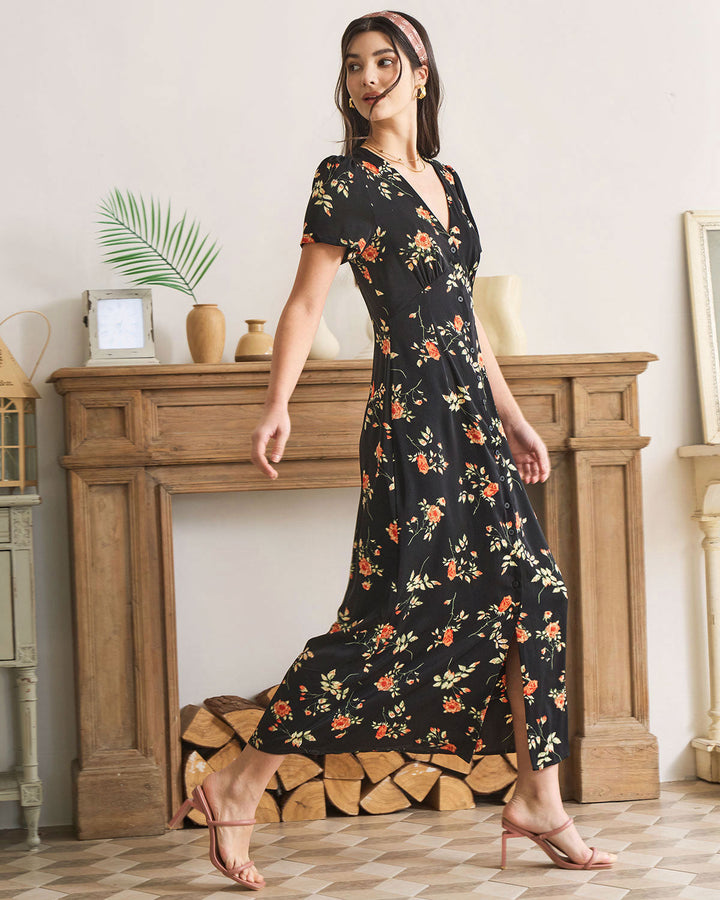 Abito Midi Donna Floreale Scollo a V Manica Corta