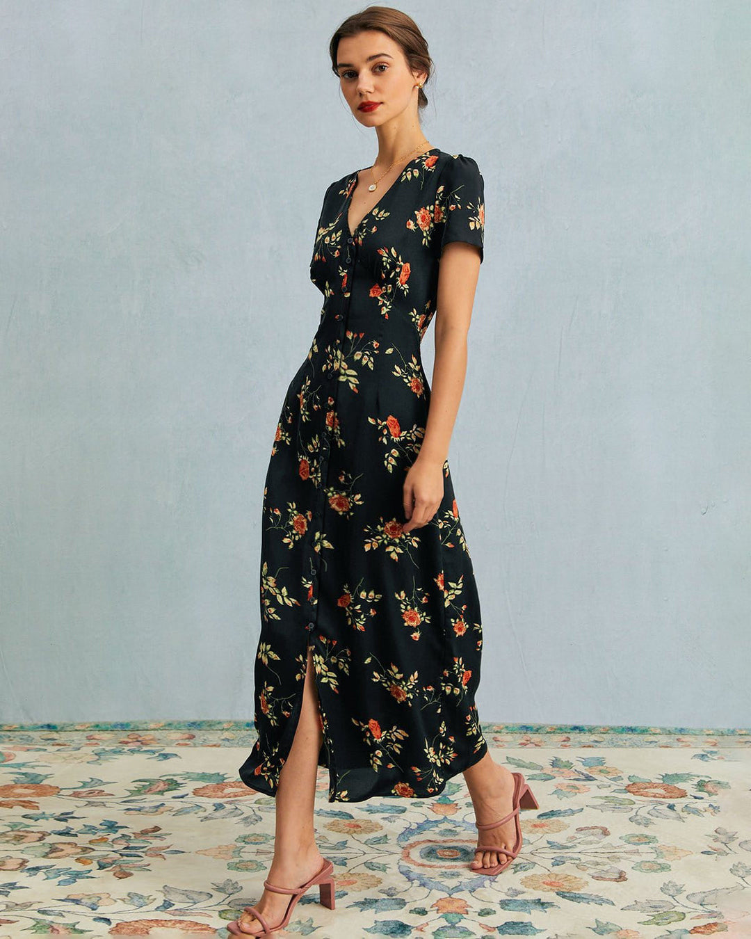 Abito Midi Donna Floreale Scollo a V Manica Corta