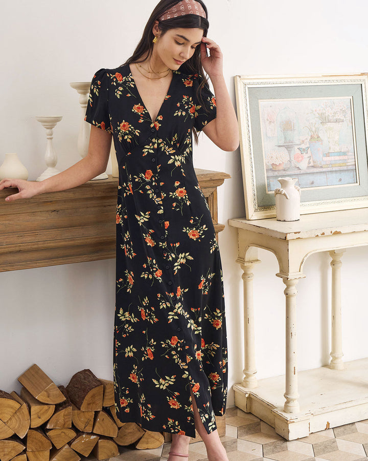 Abito Midi Donna Floreale Scollo a V Manica Corta
