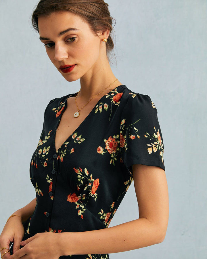 Abito Midi Donna Floreale Scollo a V Manica Corta