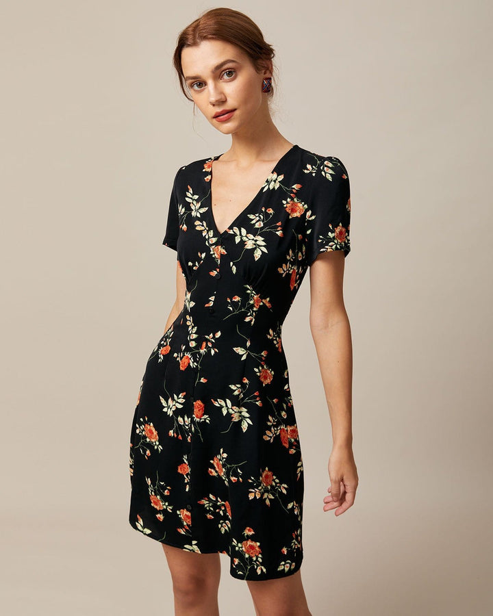 Abito Mini Donna Floreale Scollo a V Abbottonato Linea A
