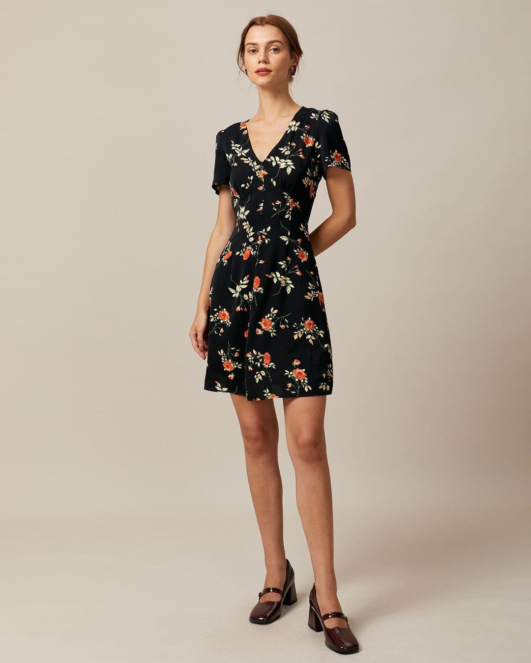 Abito Mini Donna Floreale Scollo a V Abbottonato Linea A