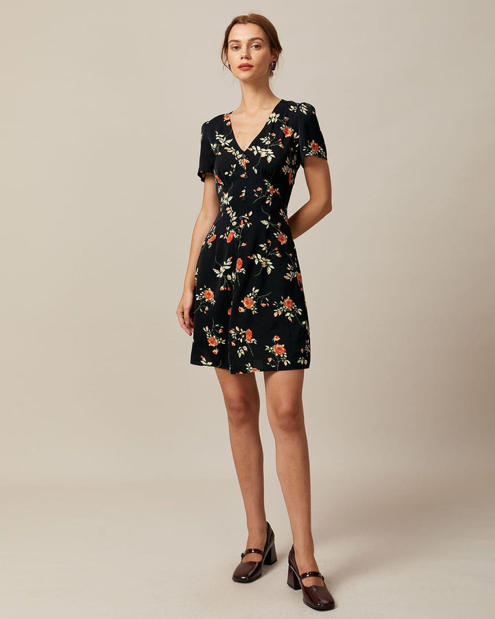 Abito Mini Donna Floreale Scollo a V Abbottonato Linea A