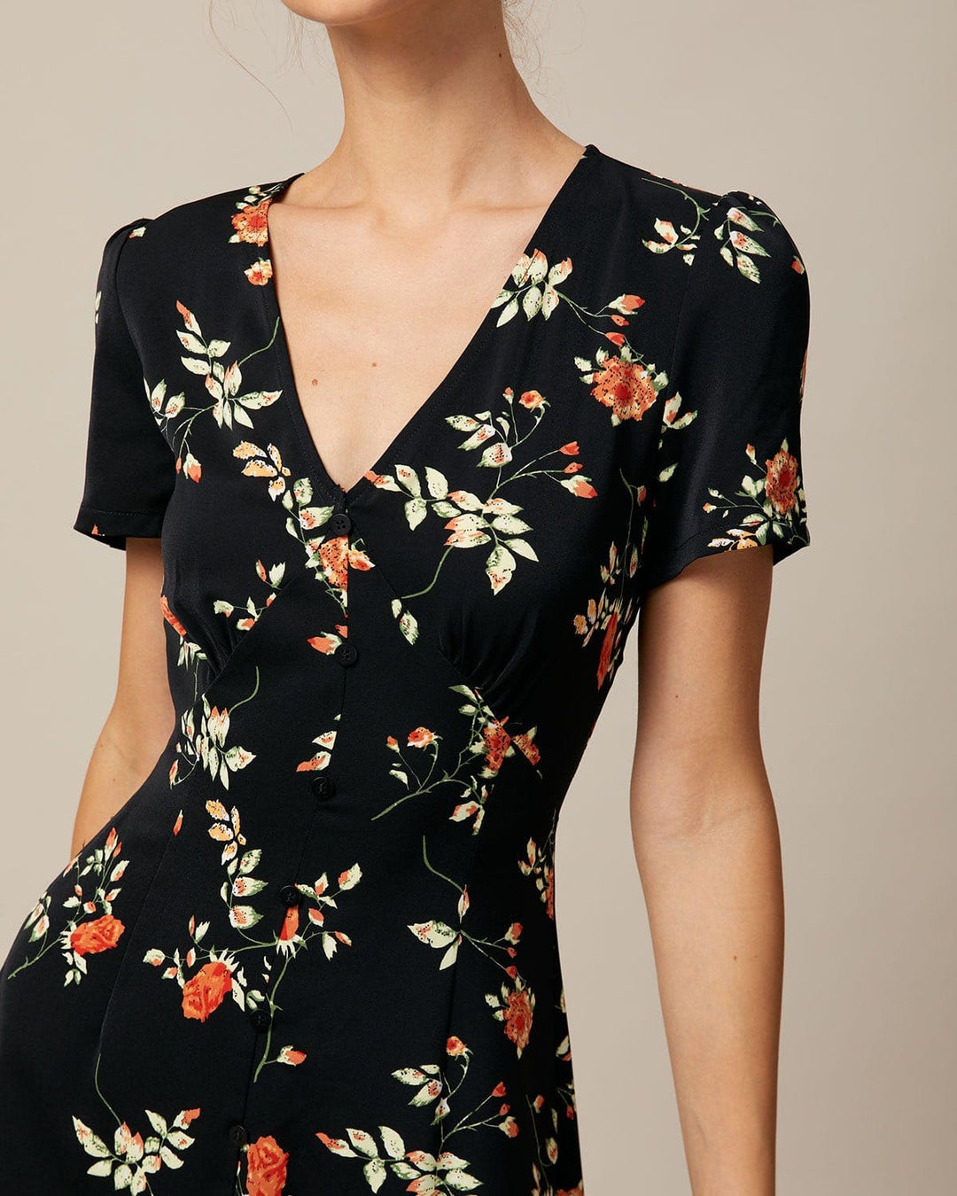 Abito Mini Donna Floreale Scollo a V Abbottonato Linea A