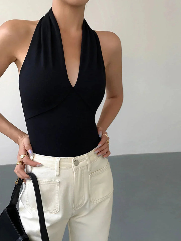 Donna in Maglia Scollo a V Incrociato Senza Maniche Scoperto - Vesarelli