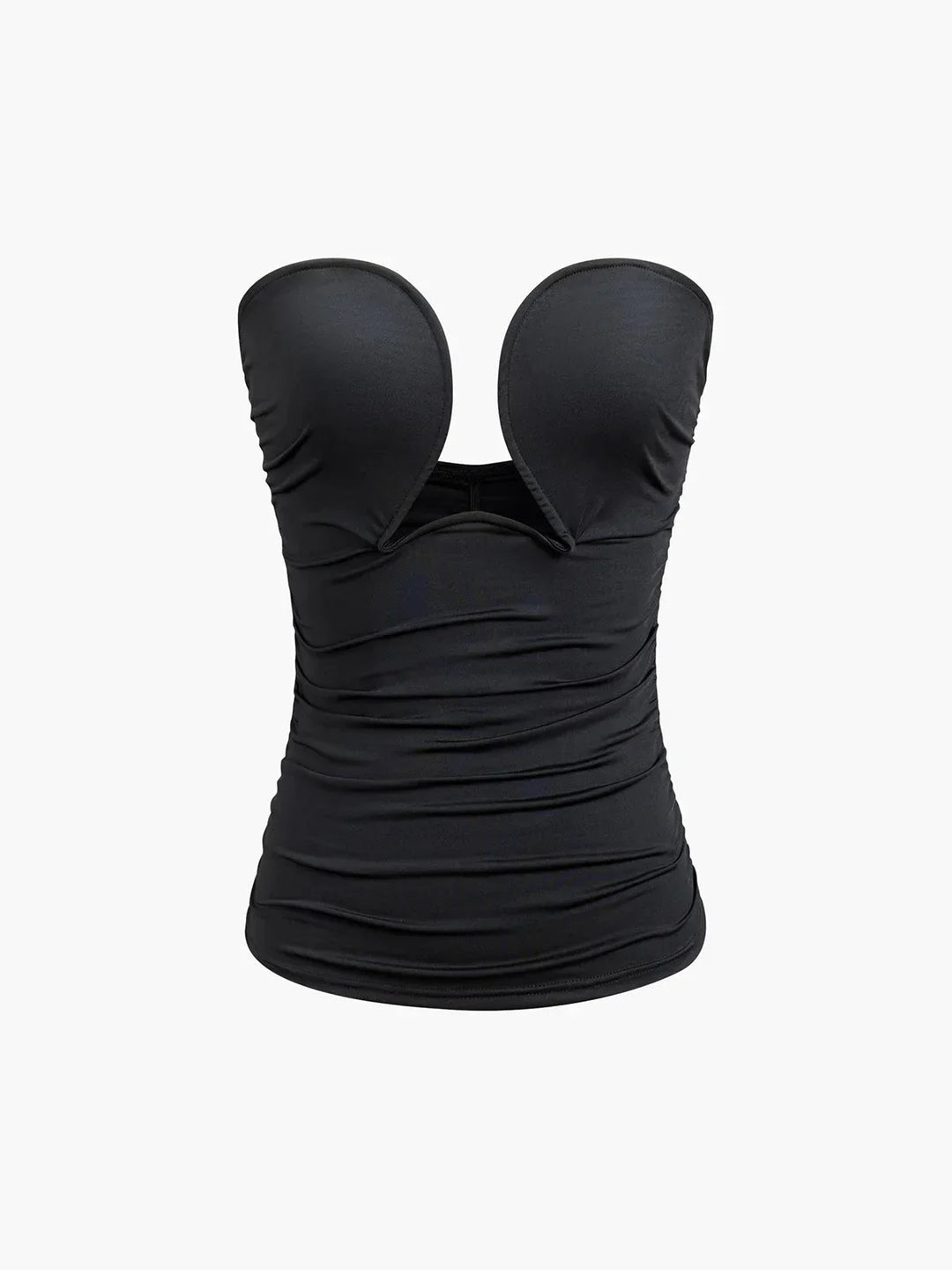 Top femme noir bustier en coton avec décolleté en cœur, idéal pour une silhouette élégante et un look sophistiqué.