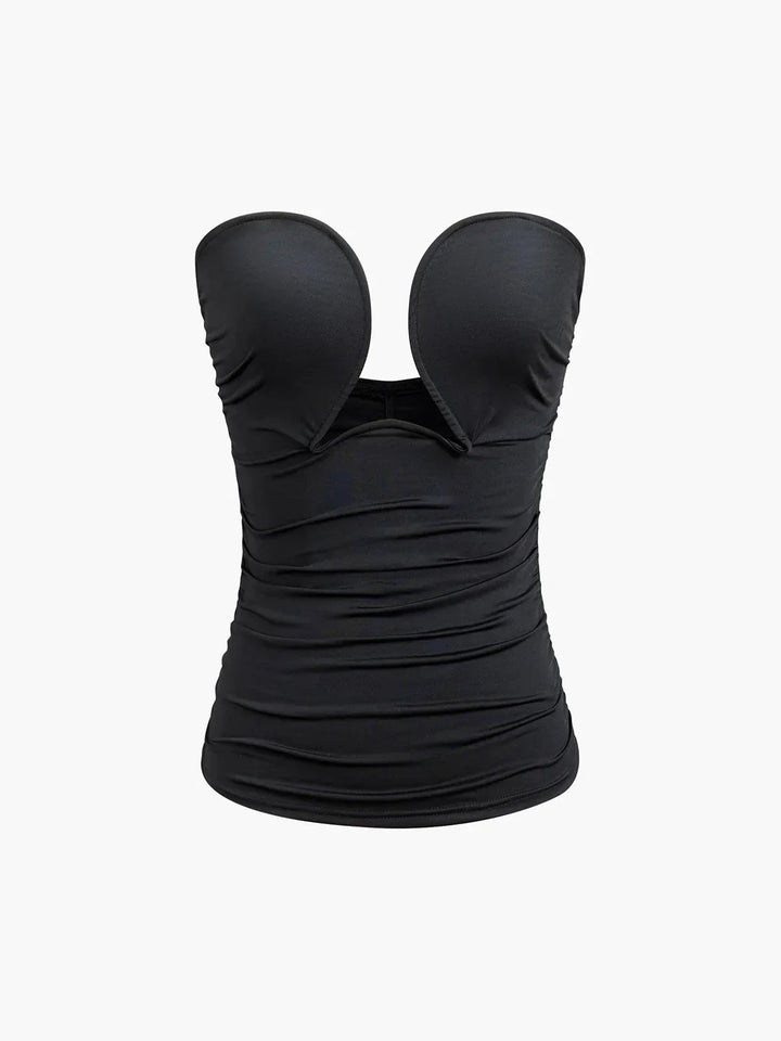 Top femme noir bustier en coton avec décolleté en cœur, idéal pour une silhouette élégante et un look sophistiqué.