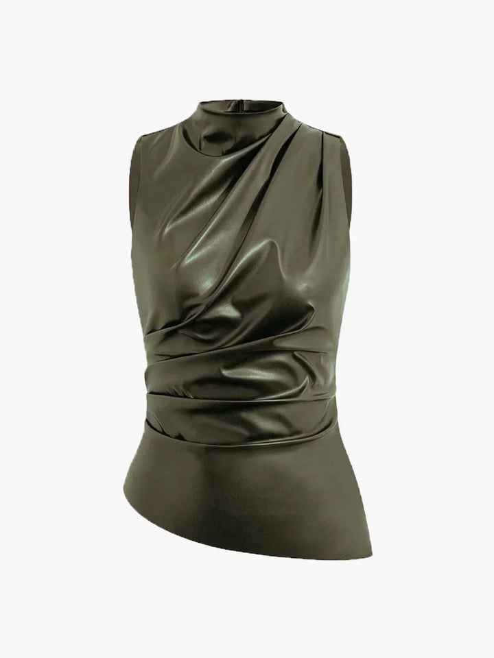 Top sans manches femme en satin army green, avec col froncé élégant et léger pour un look décontracté et raffiné.