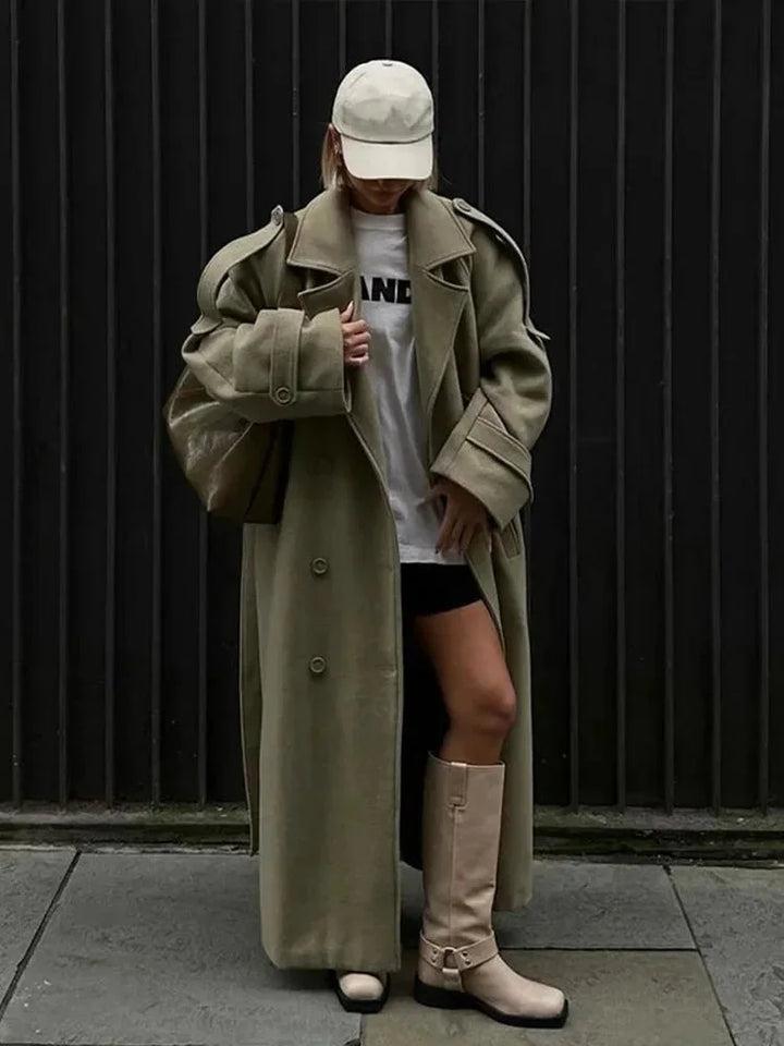 Trench-coat long oversized femme vert olive à larges revers, en mélange de coton.