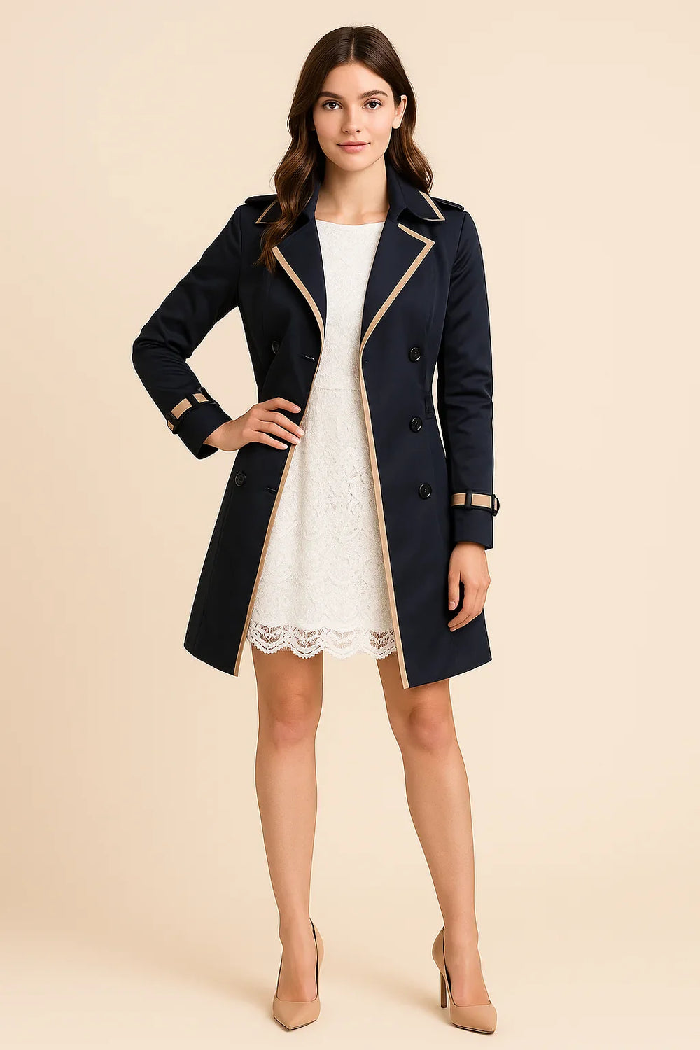 Trench femme kaki à double boutonnage, coupe ajustée en mélange de coton, poches profondes.