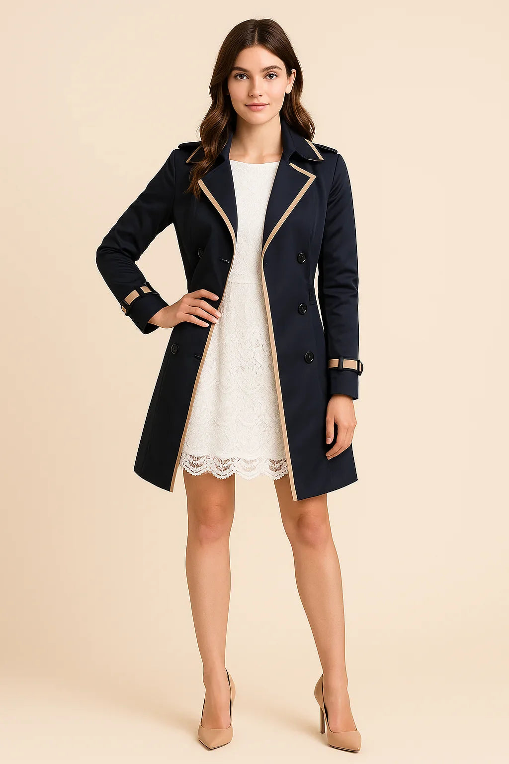 Trench femme kaki à double boutonnage, coupe ajustée en mélange de coton, poches profondes.