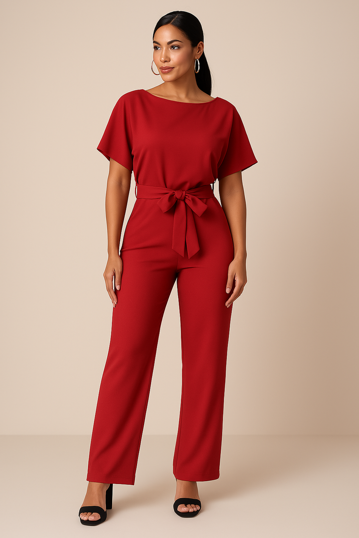 Tuta Donna con Cintura Scollo Tondo Manica Corta Pantaloni Larghi - Vesarelli