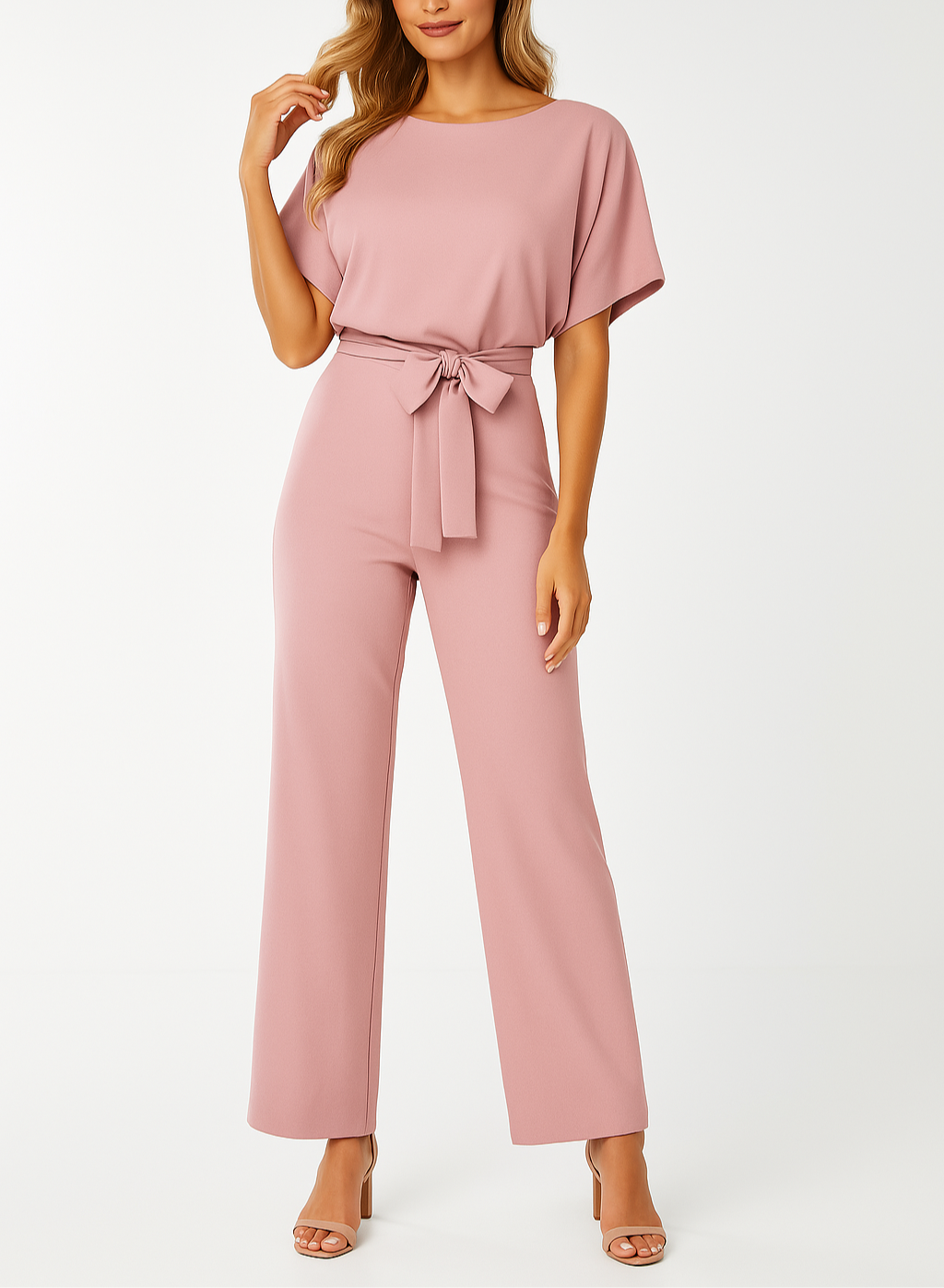 Tuta Donna con Cintura Scollo Tondo Manica Corta Pantaloni Larghi - Vesarelli