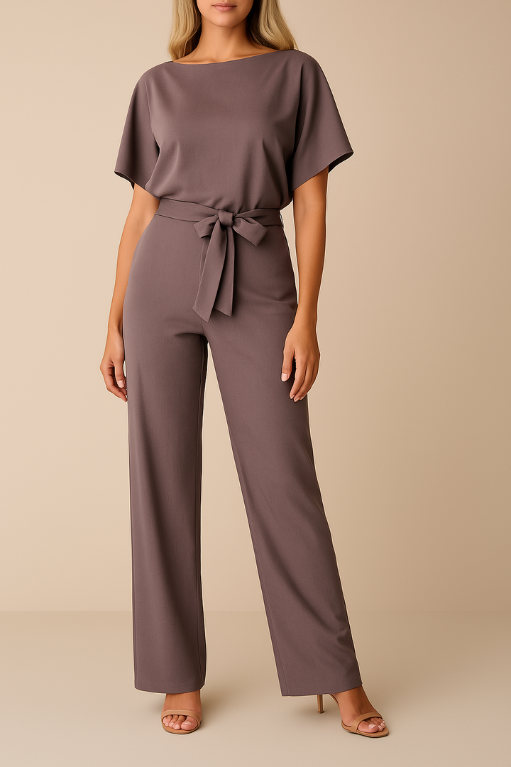 Tuta Donna con Cintura Scollo Tondo Manica Corta Pantaloni Larghi - Vesarelli