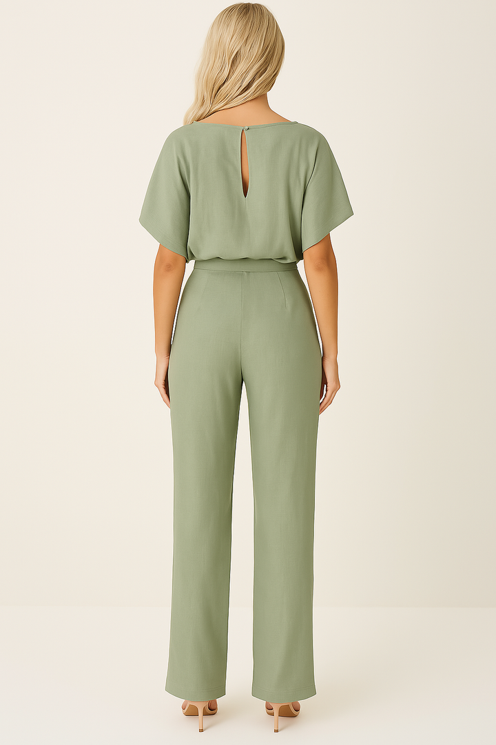 Tuta Donna con Cintura Scollo Tondo Manica Corta Pantaloni Larghi - Vesarelli