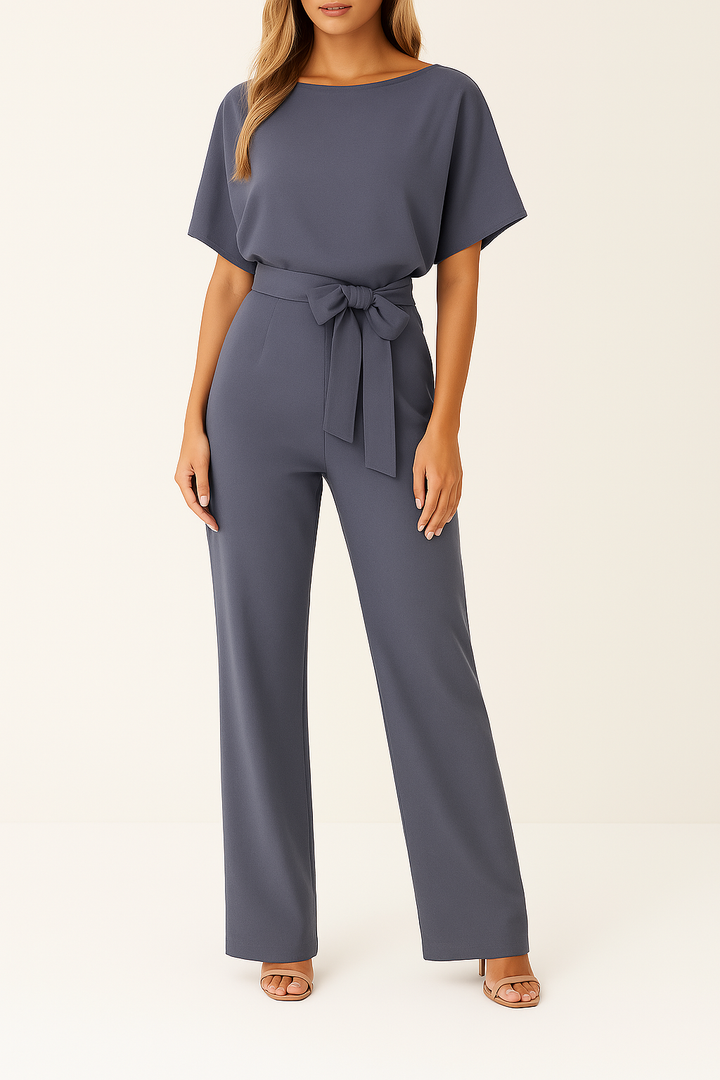 Tuta Donna con Cintura Scollo Tondo Manica Corta Pantaloni Larghi - Vesarelli
