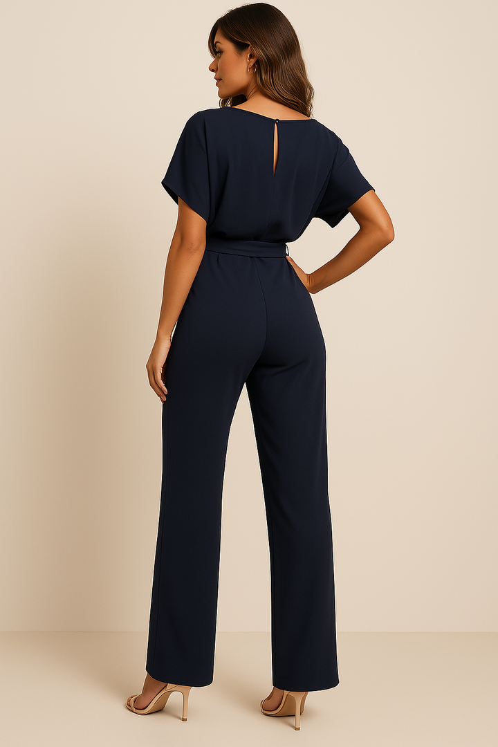 Tuta Donna con Cintura Scollo Tondo Manica Corta Pantaloni Larghi - Vesarelli