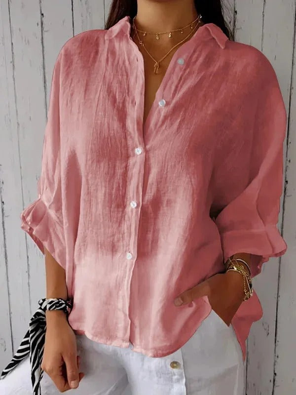 Camicia donna rosa in lino, maniche lunghe, bottoni bianchi, stile casual elegante, perfetta per primavera estate, moda femminile 2023.