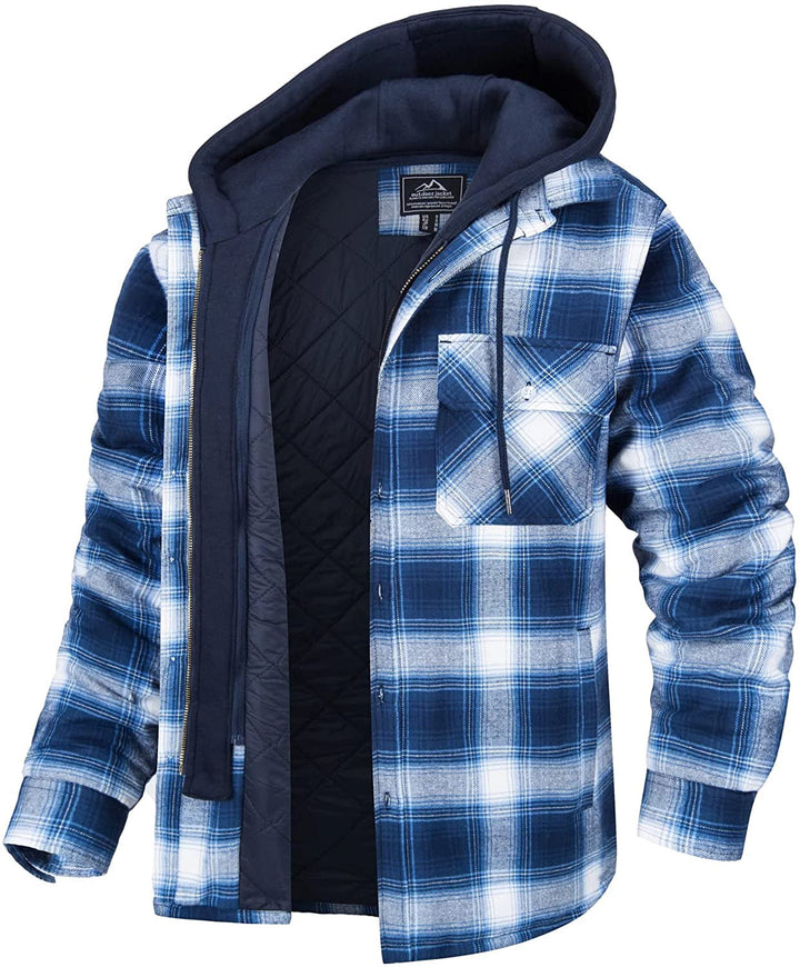 Camicia a quadri blu e bianca con cappuccio, imbottita e trapuntata, ideale per l'inverno. Tasche frontali, stile casual e caldo.