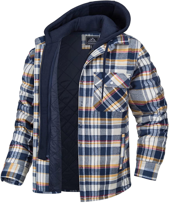 Camicia a quadri in flanella con cappuccio, imbottita e foderata, tasca frontale, colori blu, bianco e giallo. Abbigliamento invernale uomo.