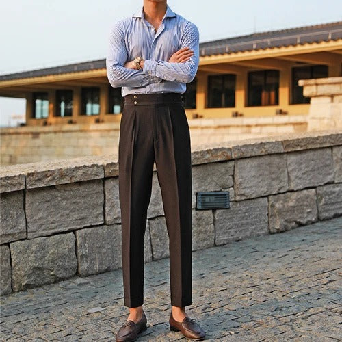 Pantaloni Uomo Doppio Bottone Piega Regolatori Laterali