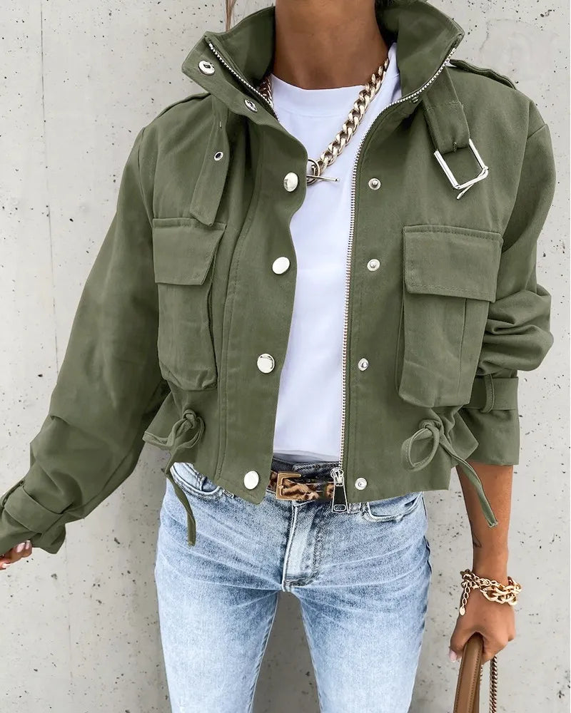 Giubbotto Bomber Donna Estivo Corto Bottoni Tasche Collo Alto