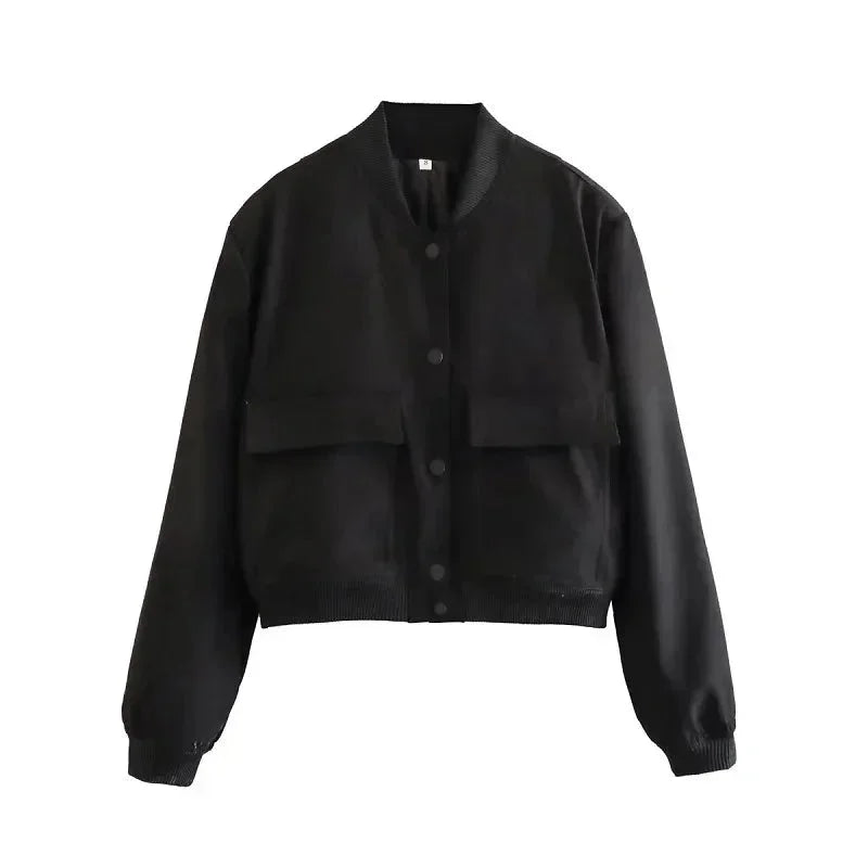 Veste bomber femme en matériau léger, bleu marine, avec poches frontales et design classique.