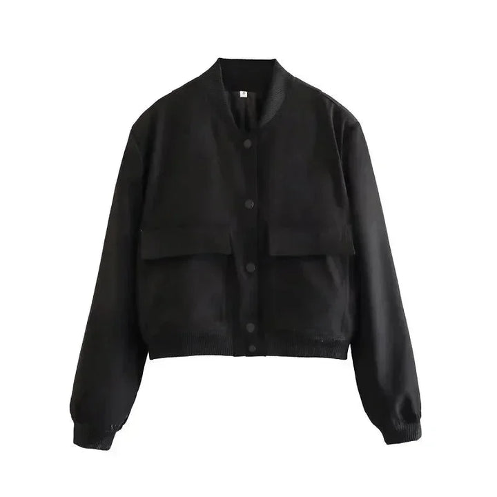 Veste bomber femme en matériau léger, bleu marine, avec poches frontales et design classique.