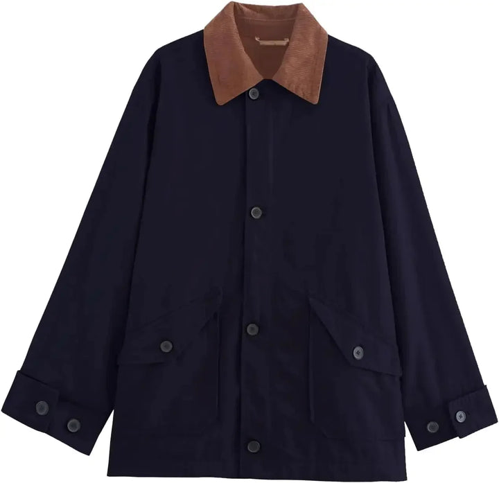 Veste femme verte en tissu doux, col en velours côtelé, coupe classique, idéale pour la mi-saison.